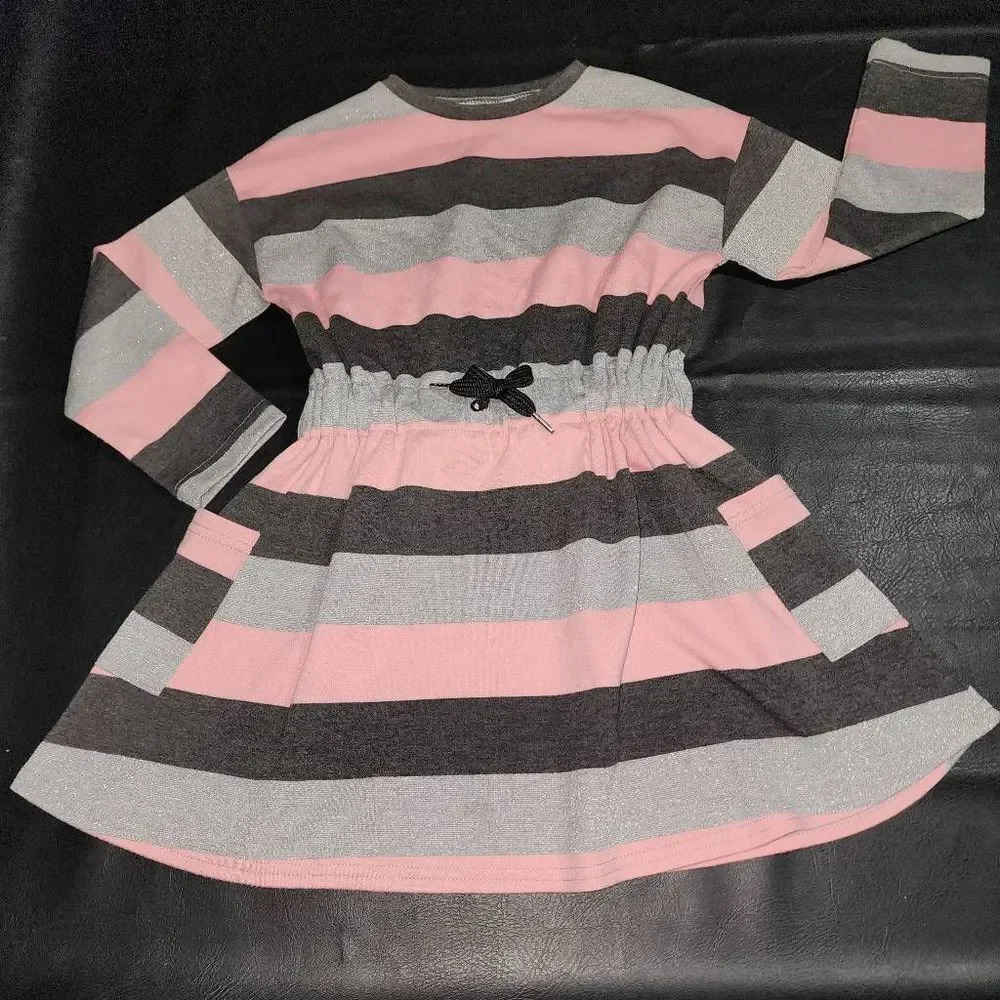 Mayoral Girls Pink Black Gray‎ Striped Long Sleeve Dress 110 5